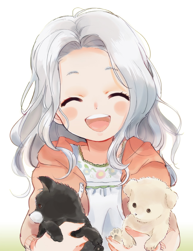 1girl, ^_^, blush, child, closed_eyes, co2ichi_(naminaminami), dog, happy, jacket, long_hair, open_mouth, original, puppy, silver_hair, solo