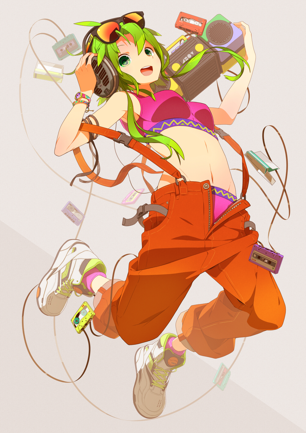 boots, cassette_tape, glasses, green_eyes, green_hair, gumi, hand_on_headphones, headphones