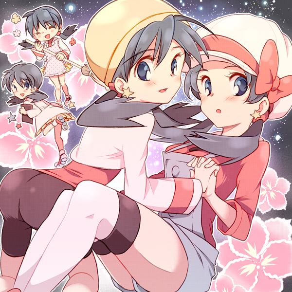 2girls, apron, atom_(@tom), bike_shorts, black_hair, blue_eyes, blush, bow