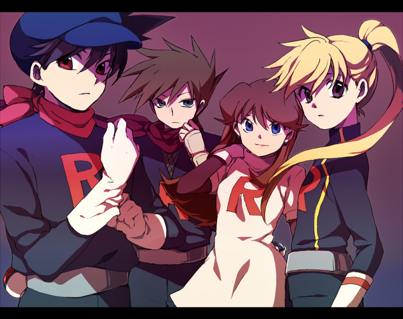 2boys, 2girls, adjusting_clothes, adjusting_gloves, belt, black_hair, blonde_hair, blue_(pokemon)