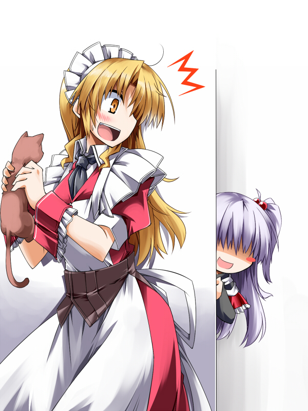 /\/\/\, 2girls, apron, around_corner, blonde_hair, blush, blush_stickers, cat, dress, hair_over_eyes, hemogurobin_a1c, long_hair, maid, maid_headdress, multiple_girls, necktie, one_side_up, puffy_sleeves, red_dress, shaded_face, shinki, short_sleeves, silver_hair, surprised, touhou, touhou_(pc-98), wrist_cuffs, yellow_eyes, yumeko