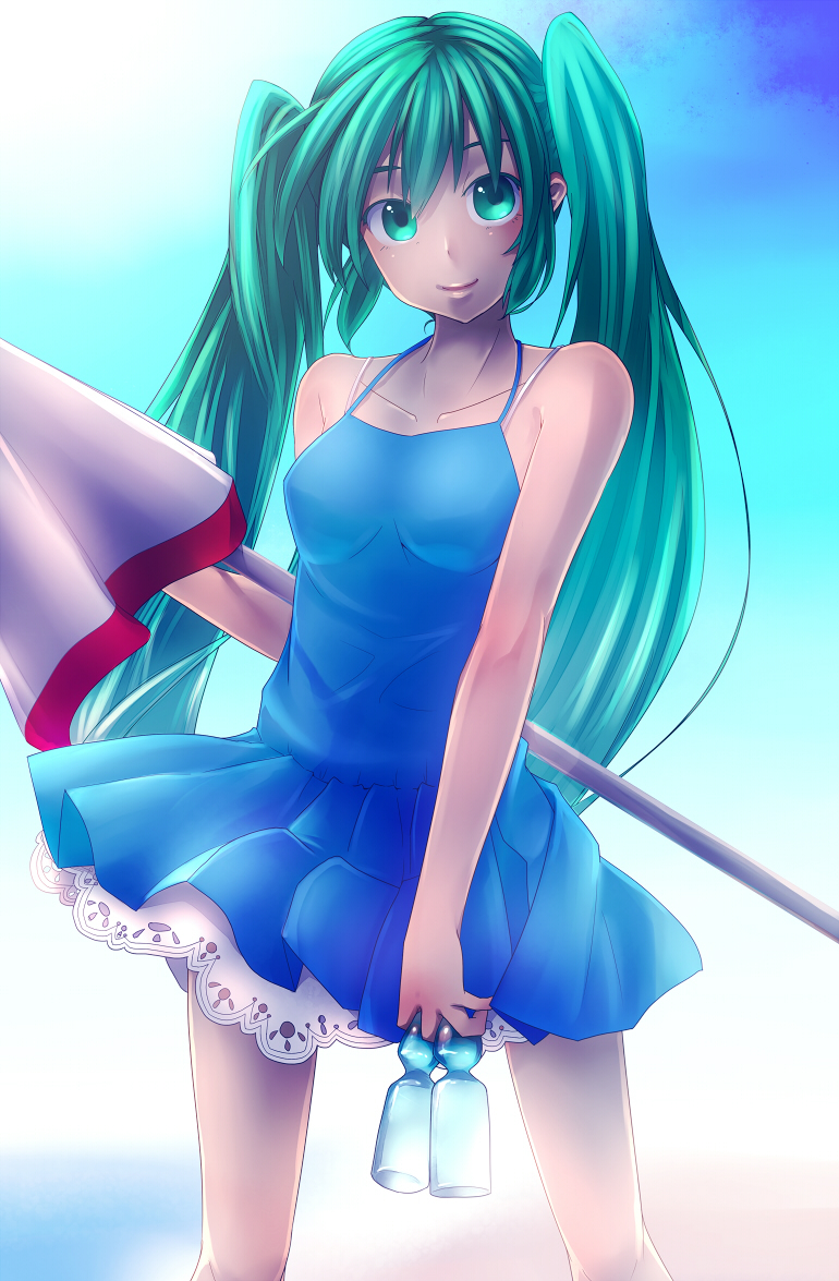 1girl, colored, dress, green_eyes, green_hair, hatsune_miku, koohii0530, long_hair, looking_at_viewer, smile, solo, twintails, very_long_hair, vocaloid