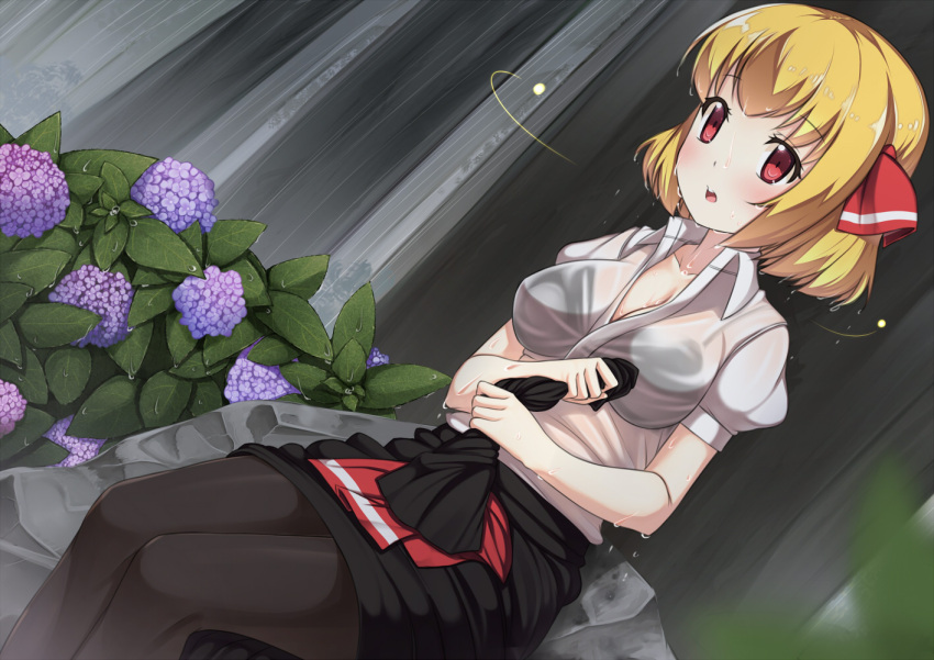 1girl, adult, black_bra, black_legwear, blonde_hair, blush, bra, breasts