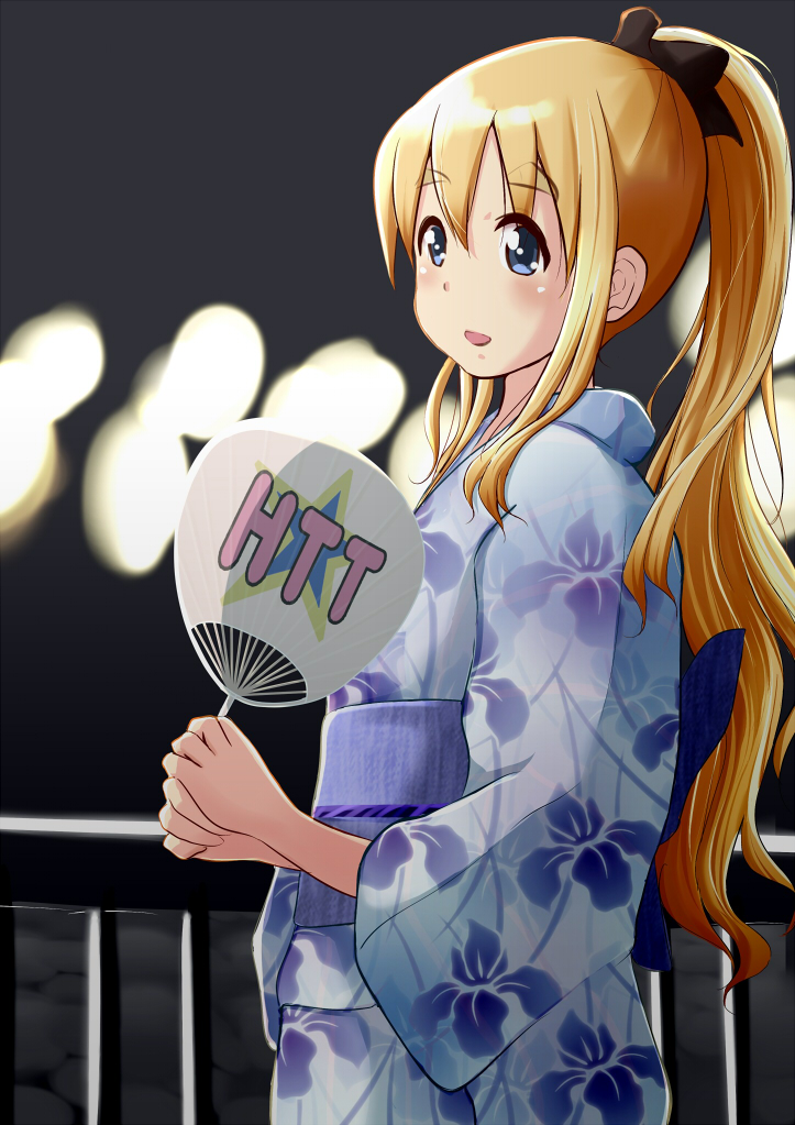 1girl, blonde_hair, blue_eyes, fan, japanese_clothes, k-on!, kimono, kotobuki_tsumugi