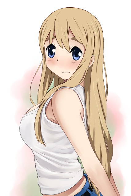 1girl, blonde_hair, blue_eyes, casual, eyebrows, k-on!, katatsuka_kouji, kotobuki_tsumugi, long_hair