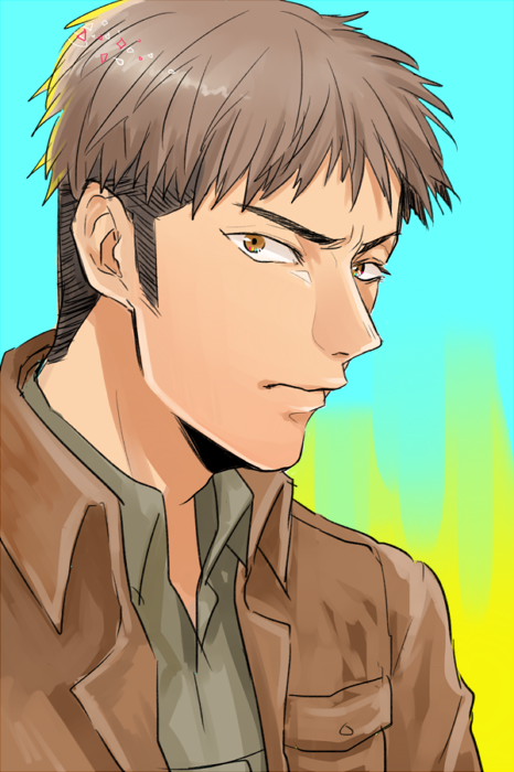 1boy, brown_eyes, brown_hair, bufm, gradient, gradient_background, jacket, jean_kirchstein
