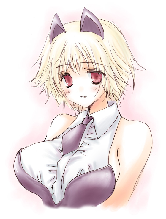 animal_ears, bare_shoulders, blonde_hair, blush, breasts, fantasy_earth_zero, necktie, red_eyes, ruirui, short_hair, solo