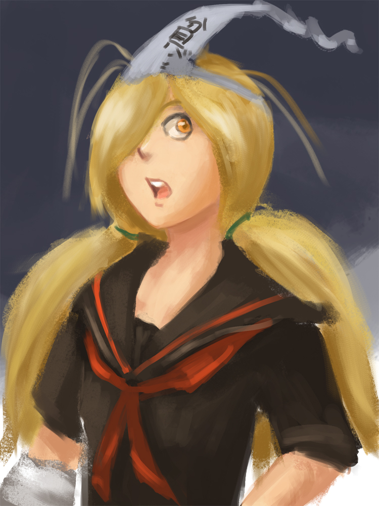 1girl, binbougami_ga!, blonde_hair, cast, hair_over_one_eye, long_hair, momiji_(binbougami_ga!), open_mouth, school_uniform, serafuku, siaothe-sheep, solo, triangular_headpiece, twintails, yellow_eyes
