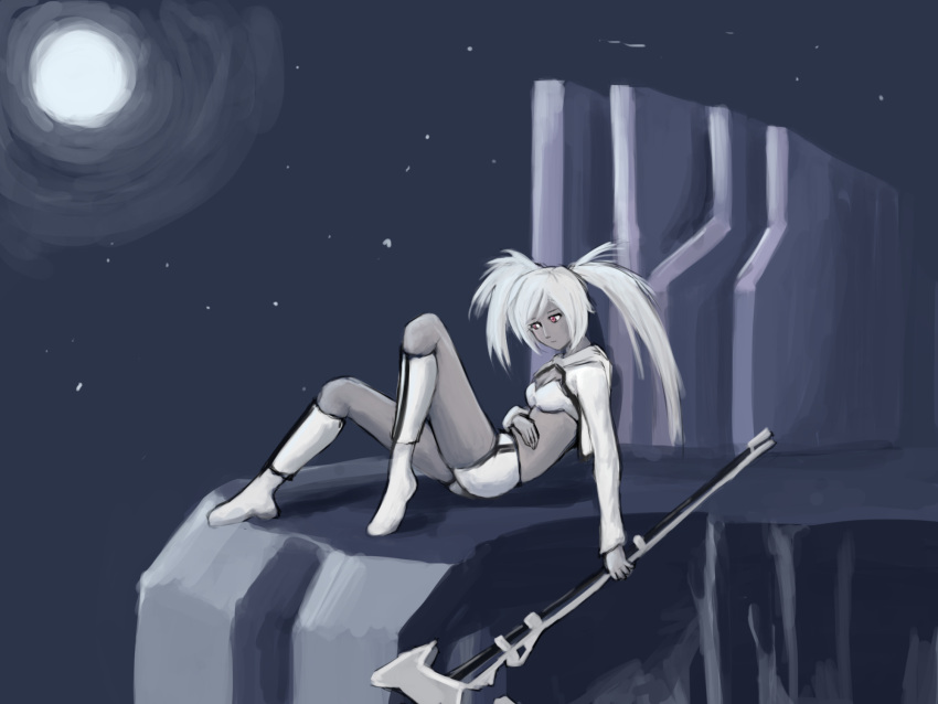 1girl, bikini_top, black_rock_shooter, black_rock_shooter_(game), boots, full_moon, grey_skin, highres