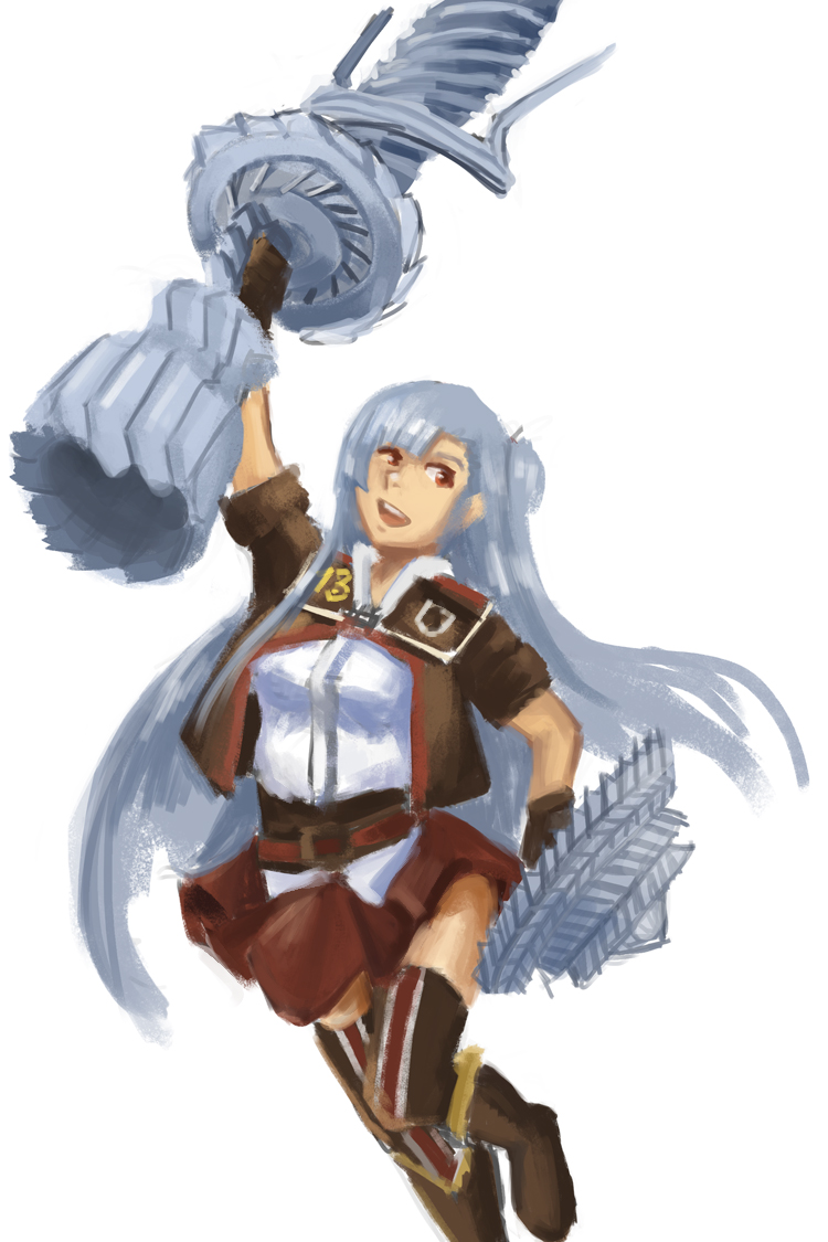 1girl, alternate_color, belt, boots, female, gloves, lance, long_hair