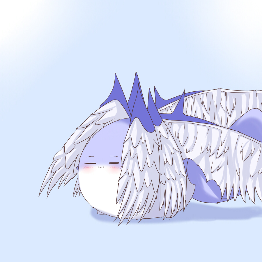 angel_wings, blush, closed_eyes, no_humans, noiz, sariel, solo, sukusuku_hakutaku, tail, touhou, touhou_(pc-98), wings