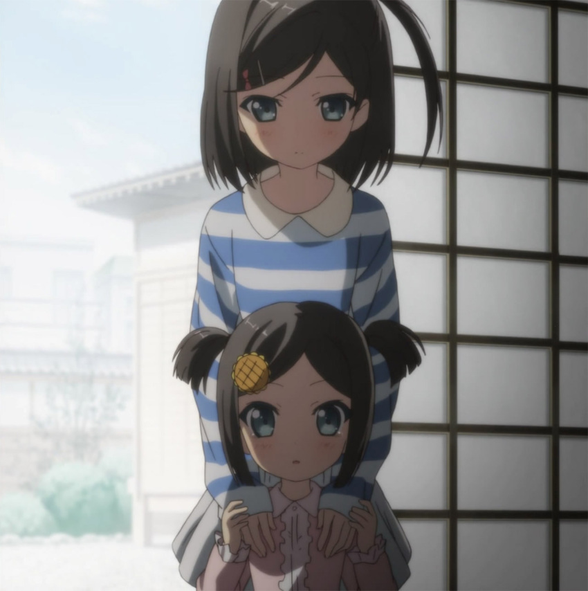 black_hair, blue_eyes, building, clouds, dual_personality, flower, hair_ornament, hairpin, hentai_ouji_to_warawanai_neko, highres, screencap, siblings, sky, sunflower, tsutsukakushi_tsukiko, twins