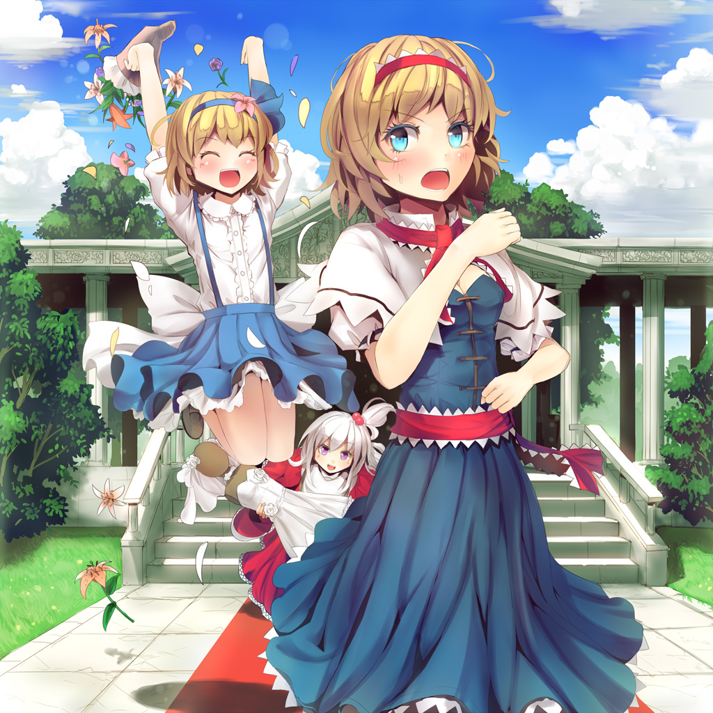 3girls, alice_margatroid, alice_margatroid_(pc-98), arms_up, blonde_hair, blue_dress, blue_eyes, blue_sky
