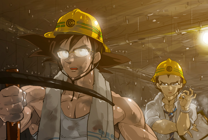 2boys, capsule_corp, dirt, dirty, dragon_ball, dragon_ball_z, glasses, helmet