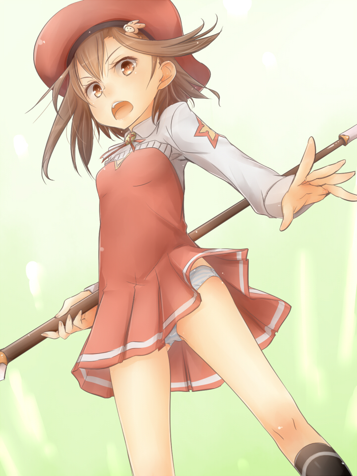 1girl, akisyuuno, beret, black_legwear, blush, brown_eyes, brown_hair, dress