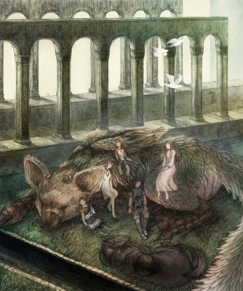 2girls, 3boys, absurdres, agro, animal, bandages, barefoot, bird, black_hair, brown_hair, child, closed_eyes, creature, dress, griffin, highres, horns, horse, ico, ico_(character), long_hair, lying, maekakekamen, mono, multiple_boys, multiple_girls, pointy_ears, poncho, redhead, sandals, shadow_of_the_colossus, short_hair, sitting, sleeping, smile, surcoat, tabard, tail, the_last_guardian, trico_(character), tunic, wander, white_dress, yorda