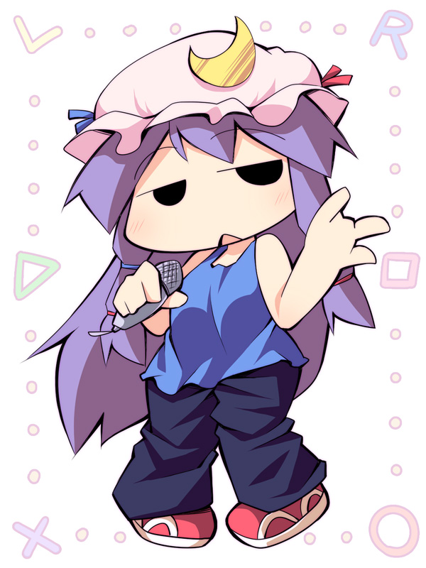 1girl, chibi, crescent, flat_gaze, hat, long_hair, microphone, parappa_(cosplay), parappa_the_rapper, patchouli_knowledge, purple_hair, solo, touhou, ushi