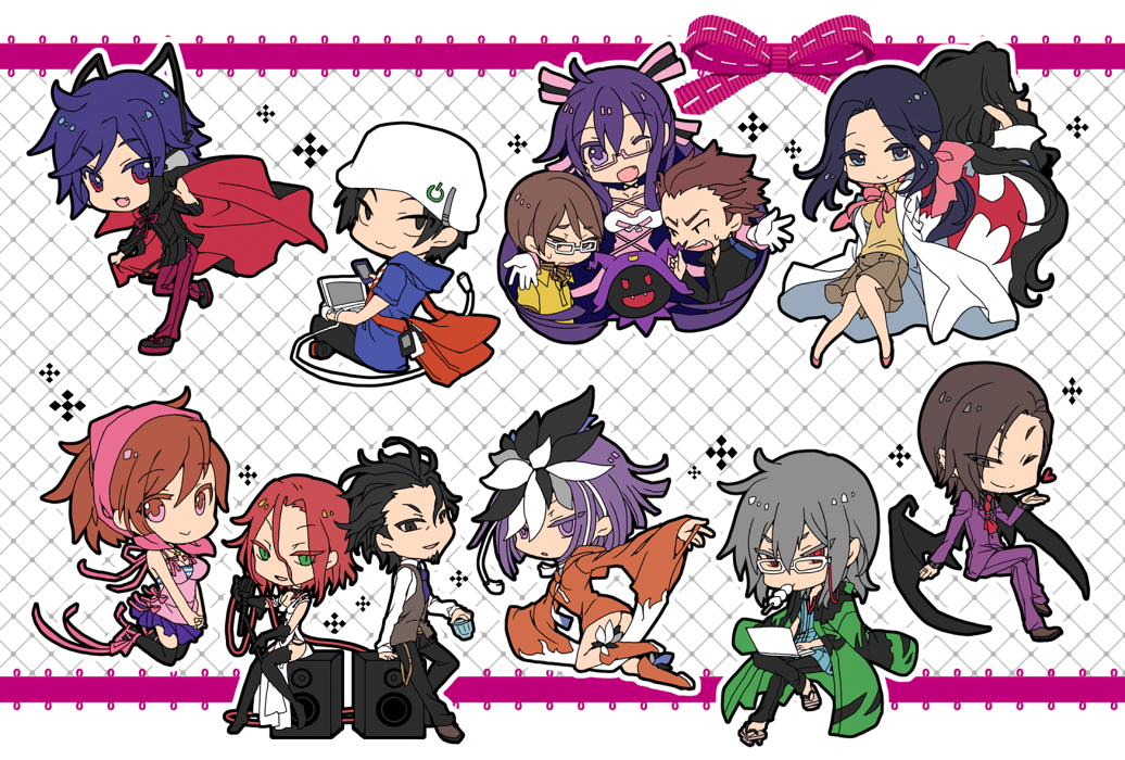 5girls, 6+boys, bat_wings, black_frost, black_hair, brown_hair, cape, glasses_in_mouth