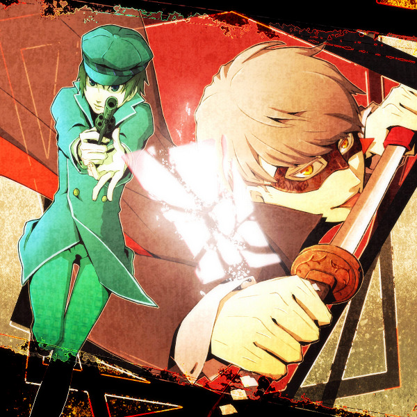 1boy, 1girl, alternate_color, gun, katana, licking_weapon, naka_(dragonwalker), narukami_yuu