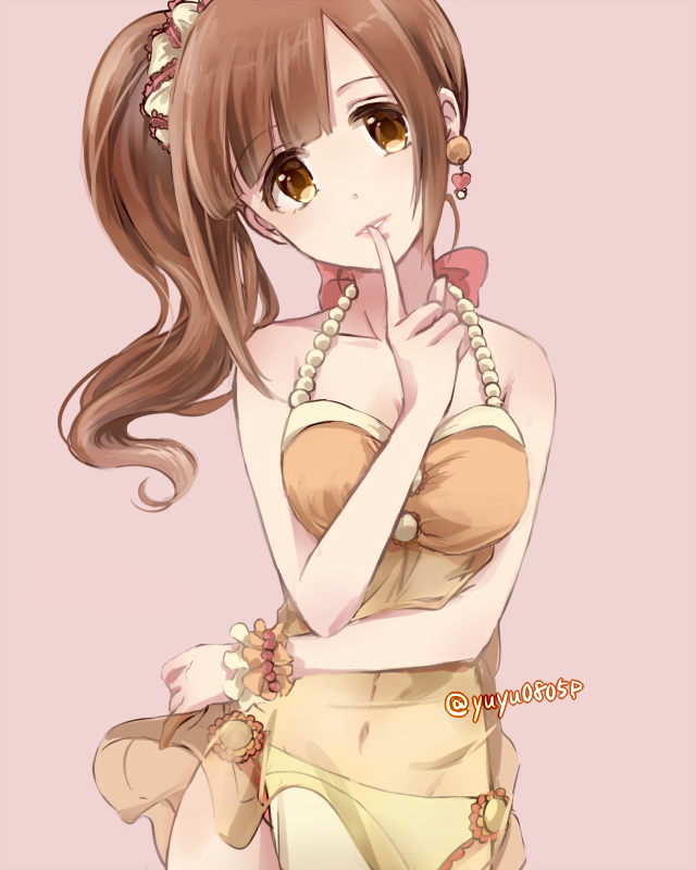1girl, artist_name, bracelet, brown_eyes, brown_hair, earrings, finger_to_mouth, head_tilt