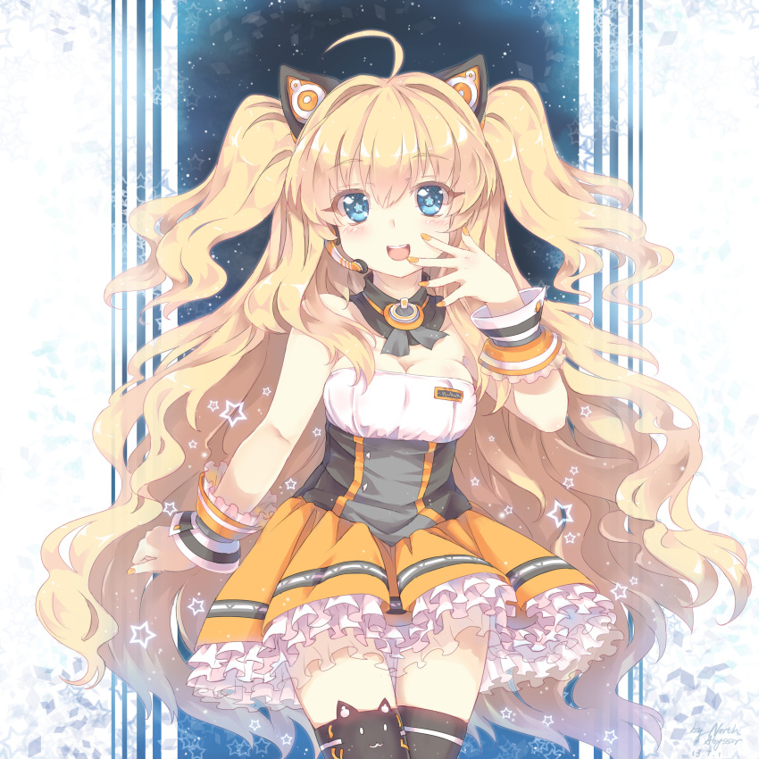 1girl, absurdres, ahoge, animal_ears, bare_shoulders, black_legwear, blonde_hair, blue_eyes, breasts, cat_ears, cleavage, detached_collar, headset, highres, long_hair, looking_at_viewer, north_abyssor, seeu, skirt, smile, solo, star, star-shaped_pupils, symbol-shaped_pupils, thigh-highs, very_long_hair, vocaloid, wrist_cuffs, zettai_ryouiki