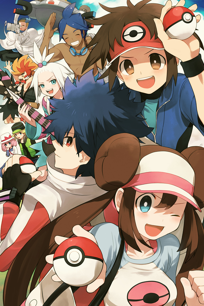 3girls, 6+boys, akuroma_(pokemon), bag, banjirou_(pokemon), baseball_cap, blue_eyes, blue_hair