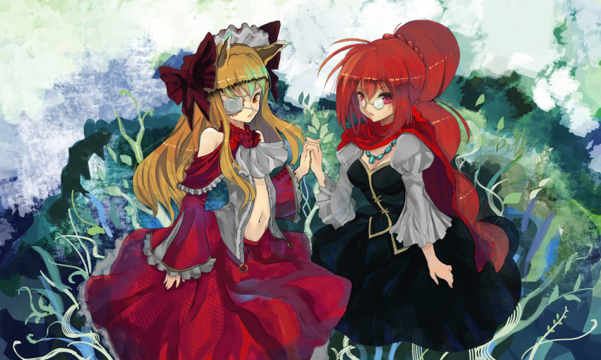 2girls, animal_ears, blonde_hair, breasts, burn_mark, cape, cleavage, dress