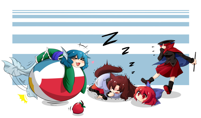 >_<, 3girls, animal_ears, apple, ball, blue_hair, bow, brooch