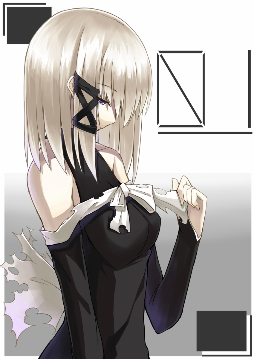 1girl, bare_shoulders, blue_eyes, detached_sleeves, hair_ribbon, halterneck, highres, original, pale_skin, ribbon, senmu, short_hair, simple_background, solo, torn_clothes, white_background, white_hair