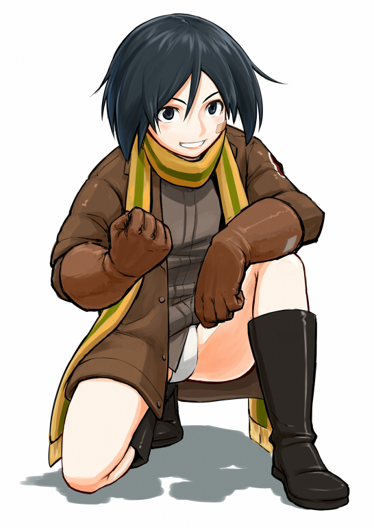 1girl, bandaid, black_hair, blue_eyes, blush_stickers, boots, clenched_hand, gloves