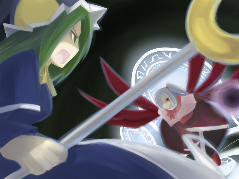 2girls, crescent_moon, green_eyes, green_hair, grey_hair, hair_bobbles, hair_ornament, hat, mima, moon, morino_harifu, multiple_girls, multiple_wings, red_eyes, shinki, side_ponytail, staff, tagme, touhou, touhou_(pc-98), wings