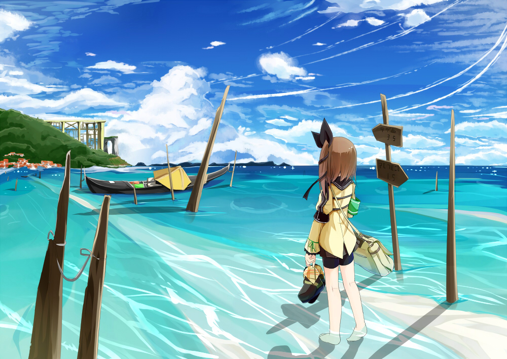 1girl, armband, bag, bare_legs, bike_shorts, blue_sky, boat, brown_hair