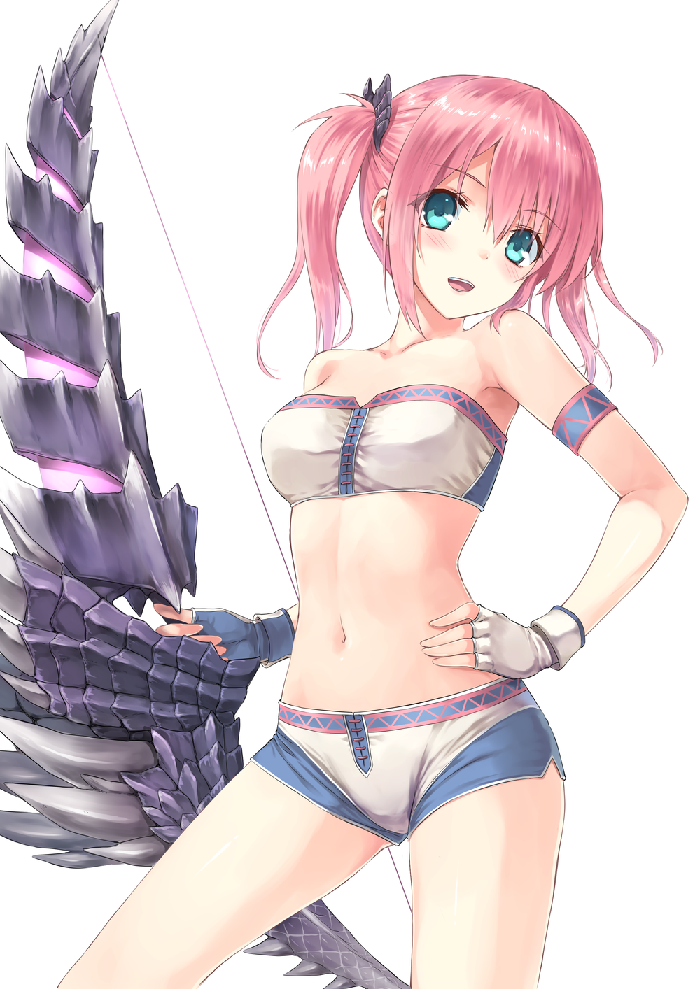 1girl, armband, bare_shoulders, blue_eyes, bow_(weapon), fingerless_gloves, gloves, highres