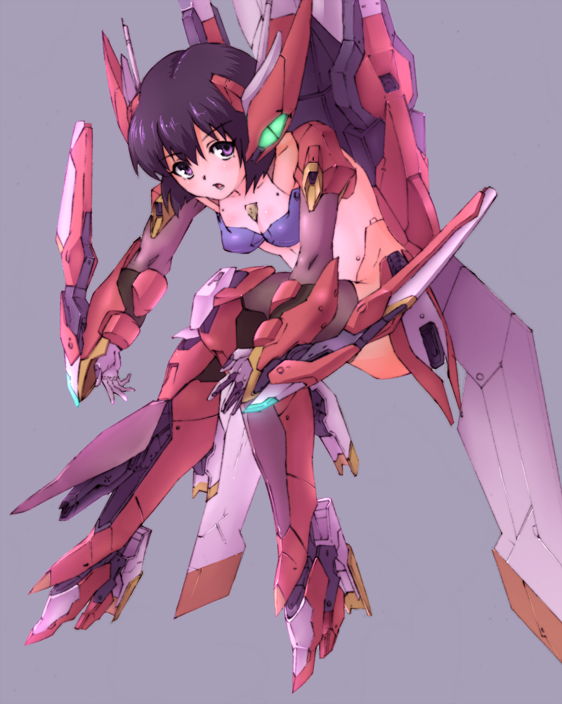 1girl, armor, bodysuit, boots, breasts, brown_hair, detached_sleeves, guardic_gaiden