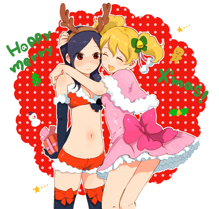 2girls, :d, alternate_costume, arms_behind_back, bare_shoulders, bell, blonde_hair, blush