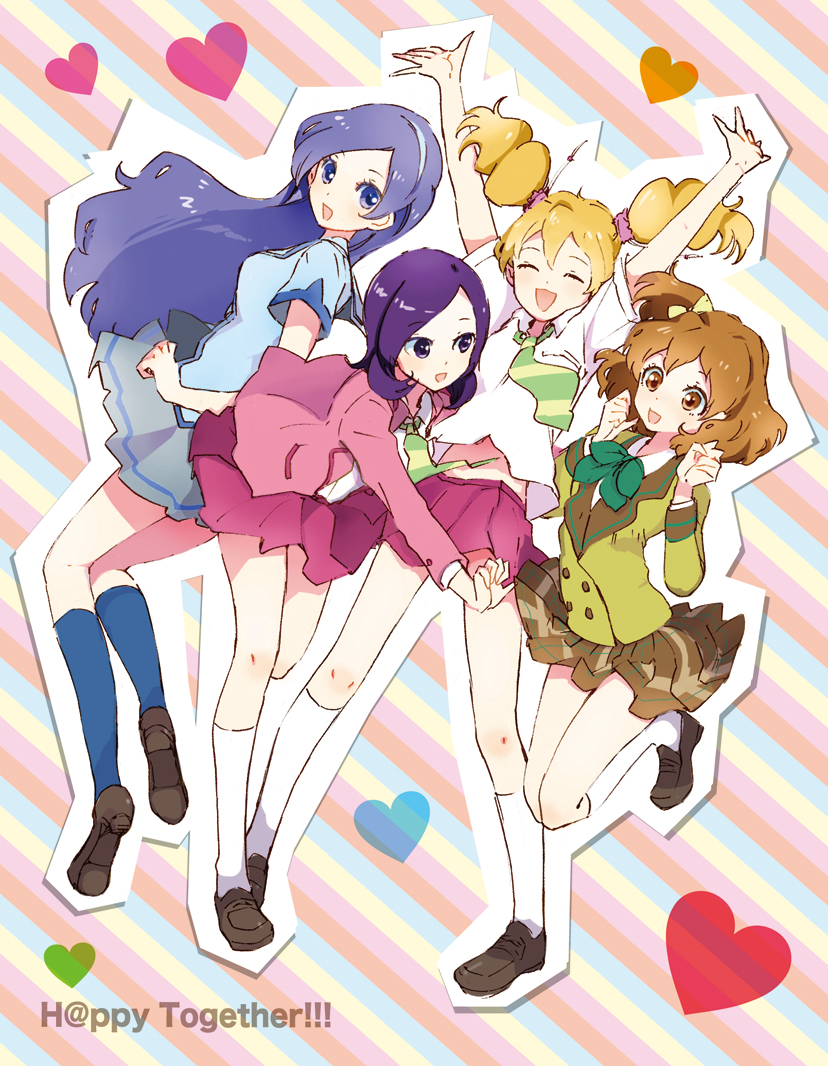 4girls, :d, aono_miki, arms_up, blonde_hair, blue_eyes, blue_hair, brown_eyes