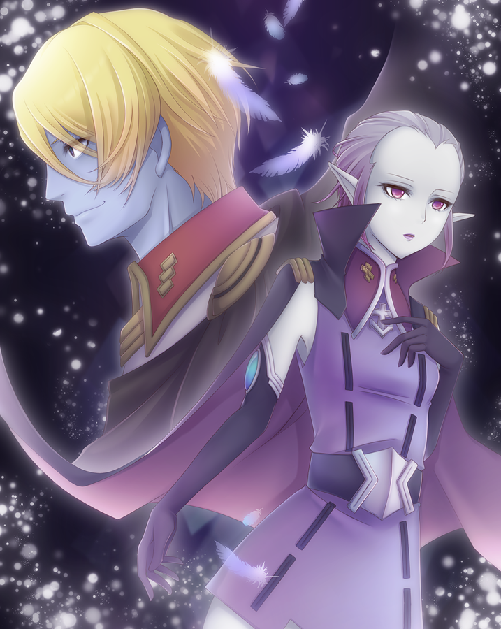 1boy, 1girl, alien, blonde_hair, blue_skin, desler, gamilas, hayabusa_koi