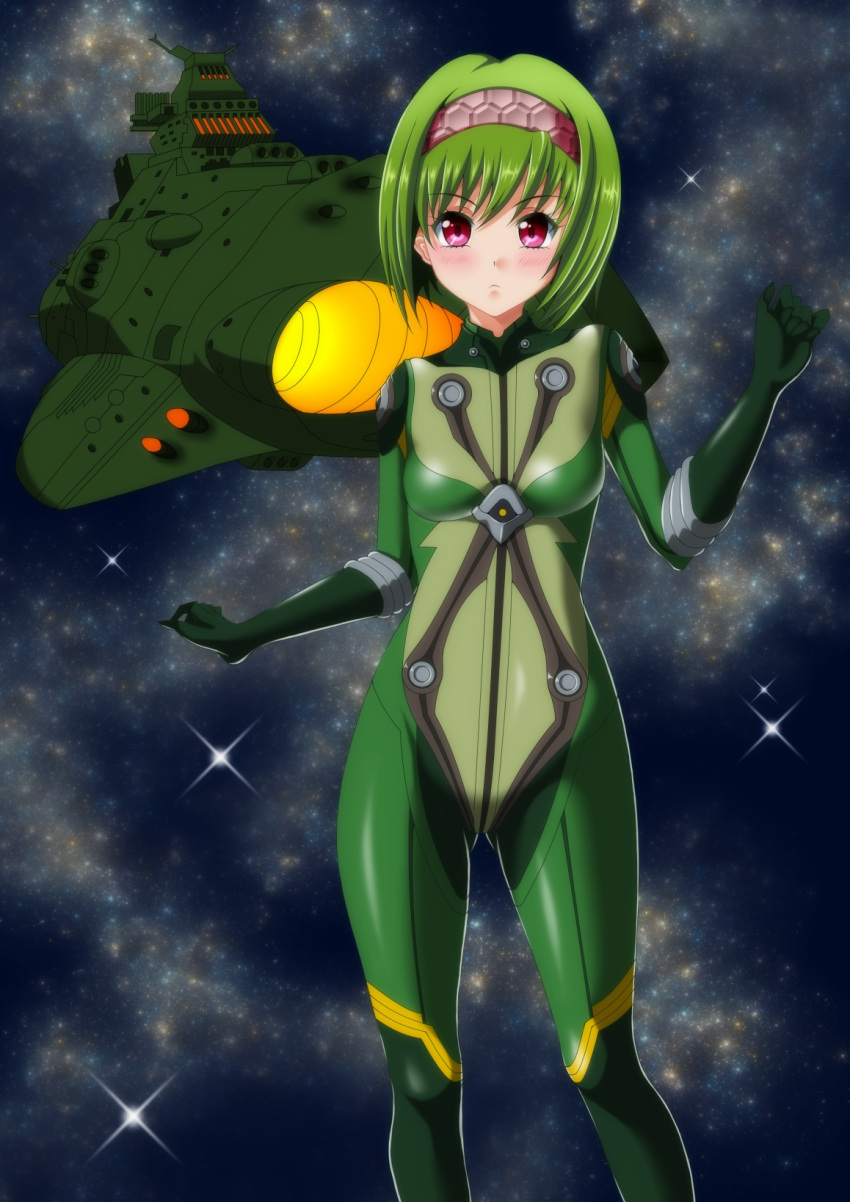 1girl, alien, antennae, blush, bob_cut, bodysuit, cannon, energy_weapon