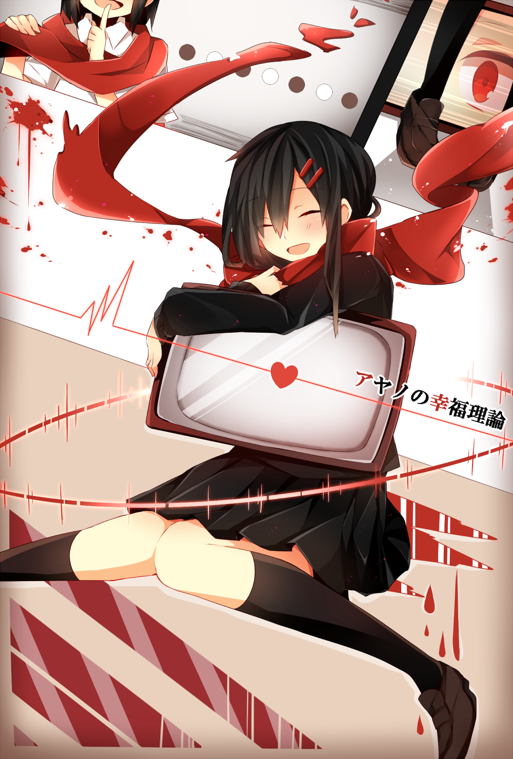 1girl, ayano_(kagerou_project), ayano_no_koufuku_riron_(vocaloid), black_hair, blood, closed_eyes, hair_ornament, hairclip