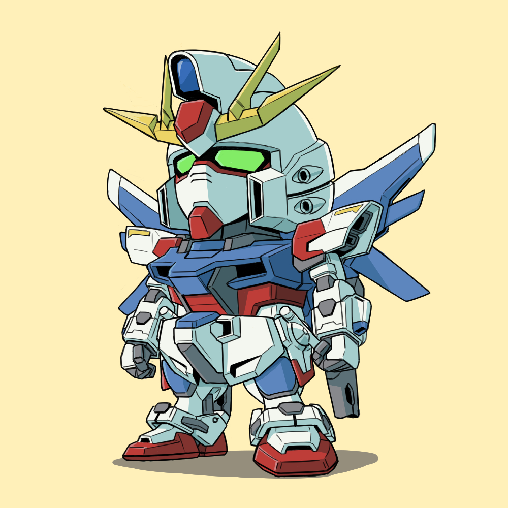 build_strike_gundam, gundam, gundam_build_fighters, mecha, no_humans, sd_gundam, simple_background, tanaka_hidetomo