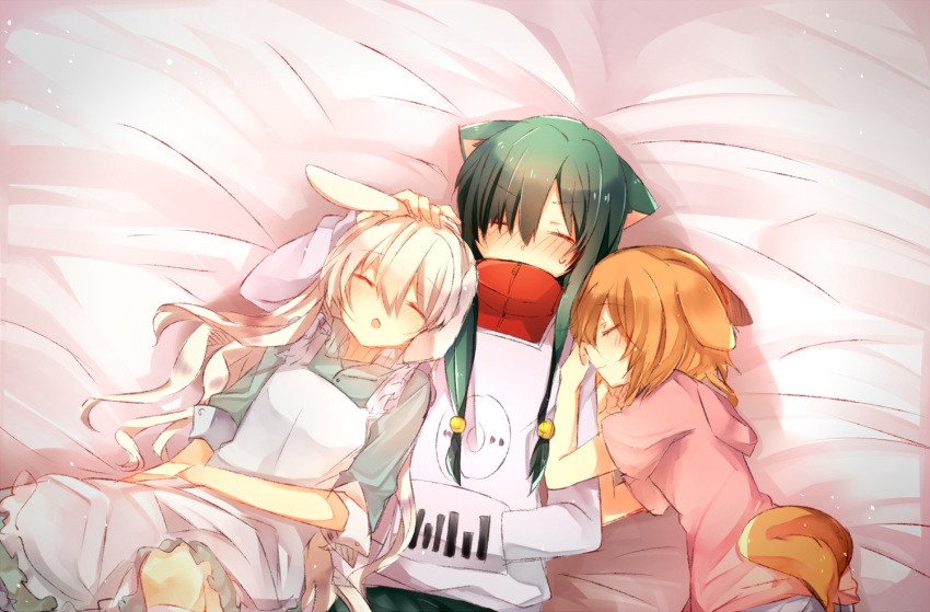 3girls, animal_ears, blonde_hair, blush, closed_eyes, dress, green_hair, hoodie