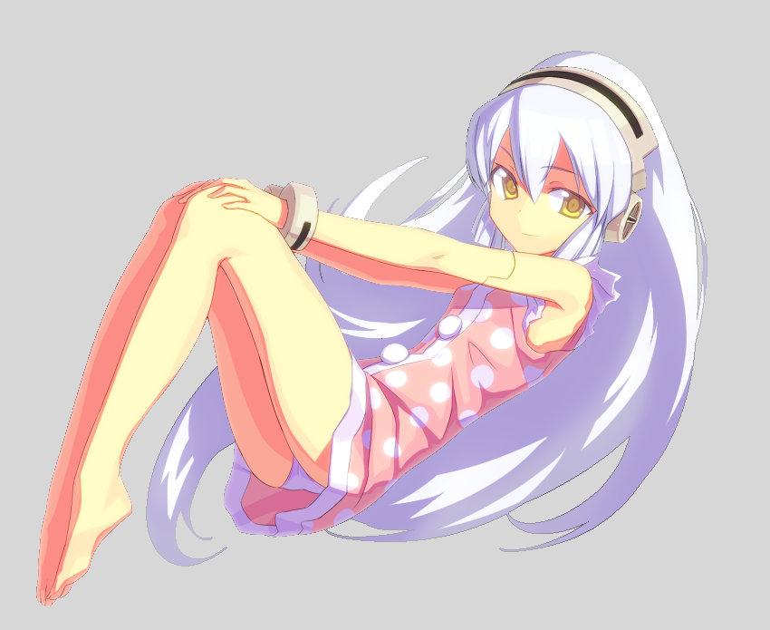 1girl, alternate_hairstyle, barefoot, disc_(needless), drill_hair, feet, floating, fondolger, hair_down, headphones, legs, light_smile, looking_at_viewer, needless, panties, short_twintails, silver_hair, smile, solo, twintails, underwear, yellow_eyes