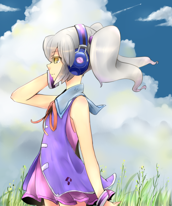 1girl, bare_shoulders, clouds, disc_(needless), drawfag, dress, grass, headphones