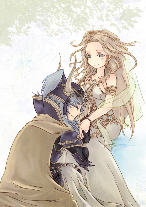 armband, armor, bare_shoulders, blonde_hair, blue_eyes, bracelet, cape, cosmos_(dff)