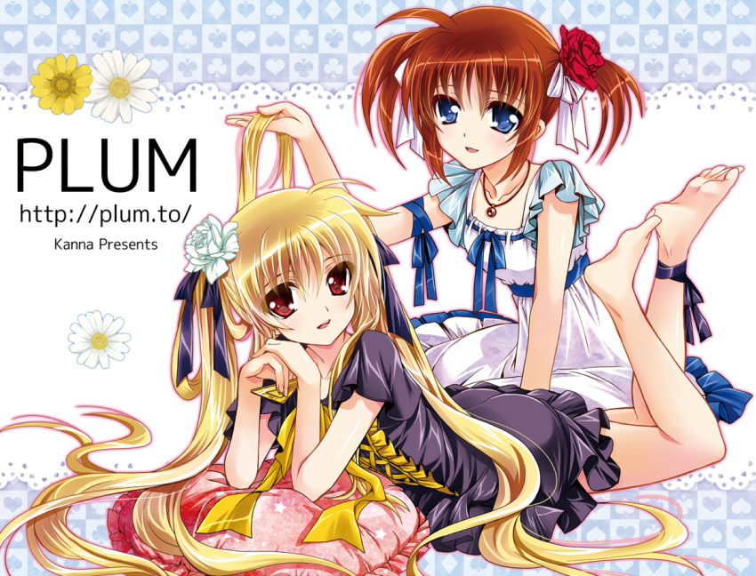 2girls, artist_name, bardiche, blonde_hair, blue_eyes, brown_hair, dress, fate_testarossa