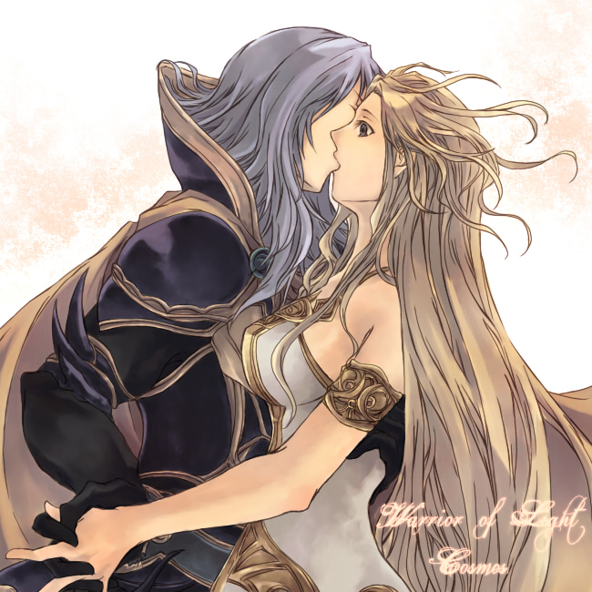 armband, armor, bare_shoulders, blonde_hair, brown_eyes, cosmos_(dff), couple, dissidia_final_fantasy