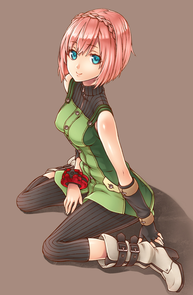 1girl, bare_shoulders, black_gloves, blue_eyes, bob_cut, boots, braid, capri_pants