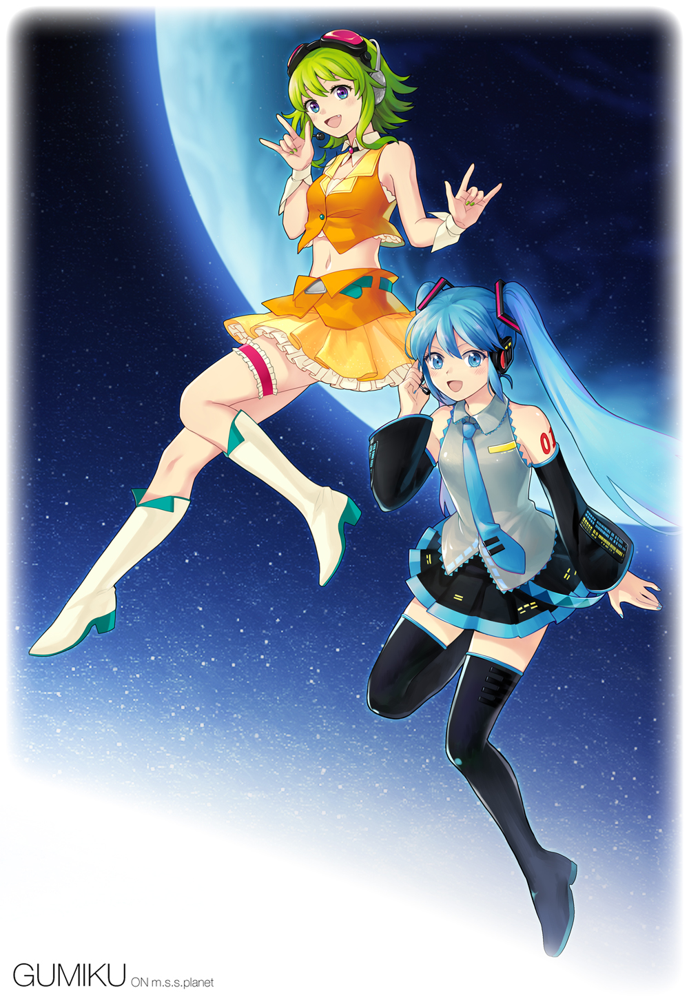 2girls, \m/, azure090, belt, blue_eyes, blue_hair, boots, character_name