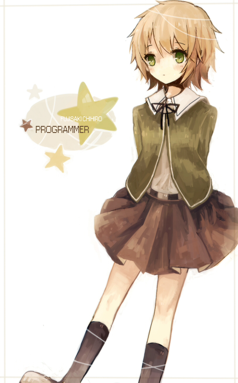 1boy, arms_behind_back, brown_hair, character_name, crossdressinging, dangan_ronpa, fujisaki_chihiro, green_eyes