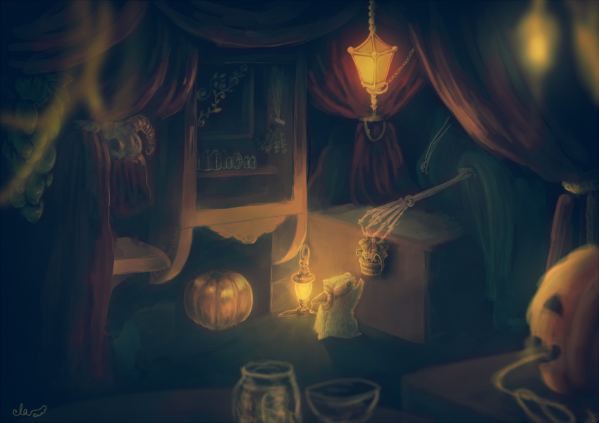 cape, cat, curtains, halloween, hat, herb, highres, jack-o'-lantern, lantern, original, pumpkin, ryuusei_asuka, signature, skeleton, skull, snack, witch, witch_hat